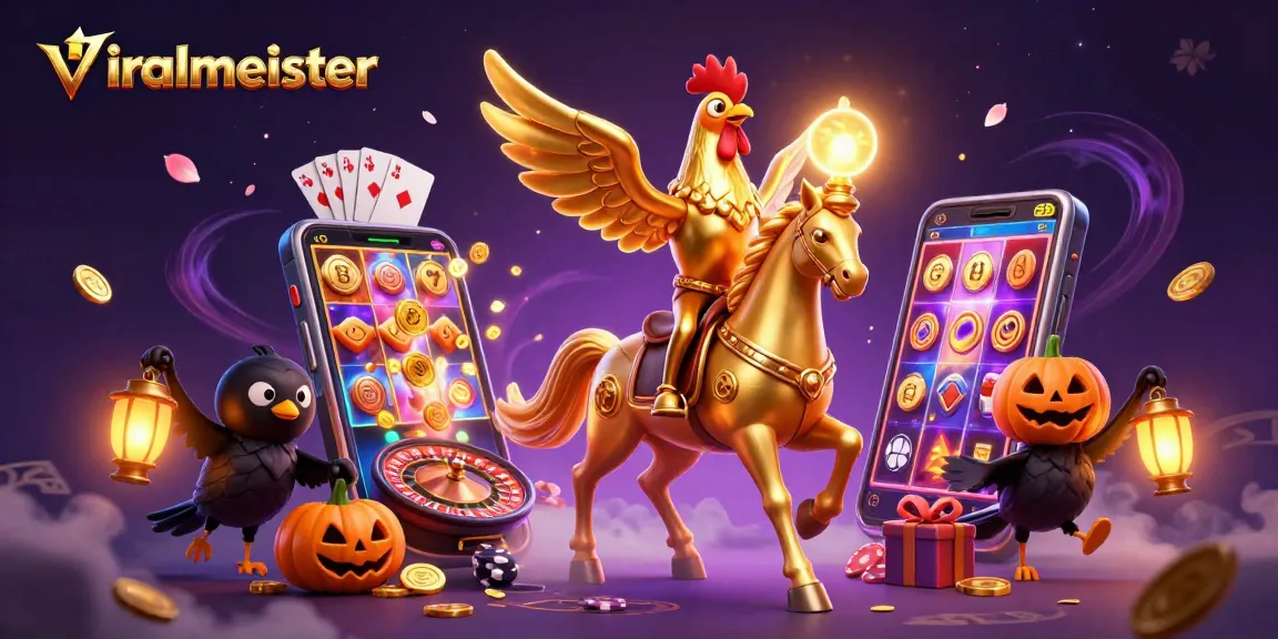 Experience the thrills of gambling with viralmeister's vibrant casino scene featuring a golden rooster and magical elements.