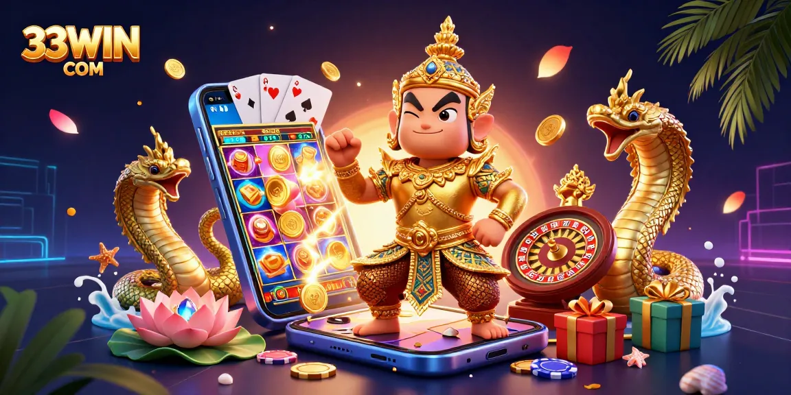 Experience the thrill of gambling with 33WIN COM's vibrant 3D casino illustration featuring games and fun elements.