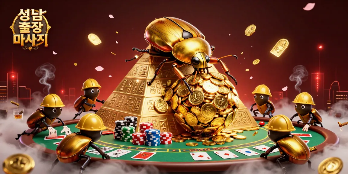 Engage with 성남출장마사지 by witnessing a massive beetle rolling coin treasure amidst a vibrant casino scene.